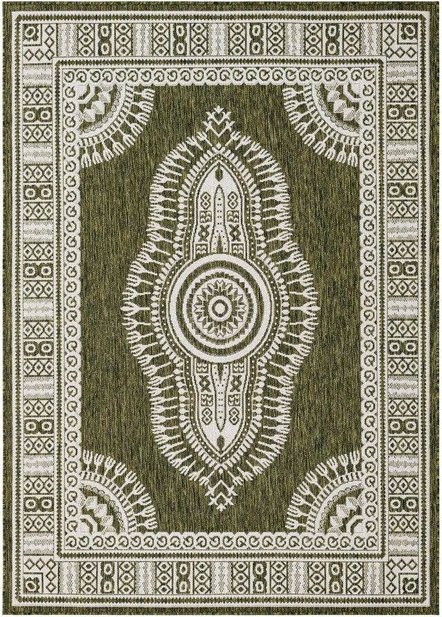 Green 5' 3 x 7' 1 Outdoor Traditional Rectangle Area Rug Weather Resistant for Patio, Deck, Terrace, Balcony, Porch Classical Design Outside Carpet for Sale at Rug Engine
