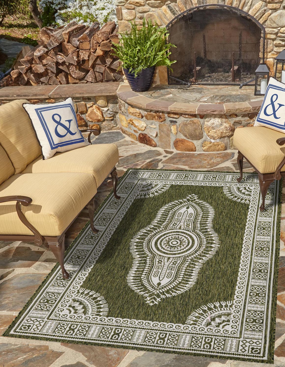 Green 5' 3 x 7' 1 Outdoor Traditional Rectangle Area Rug Weather Resistant for Patio, Deck, Terrace, Balcony, Porch Classical Design Outside Carpet for Sale at Rug Engine