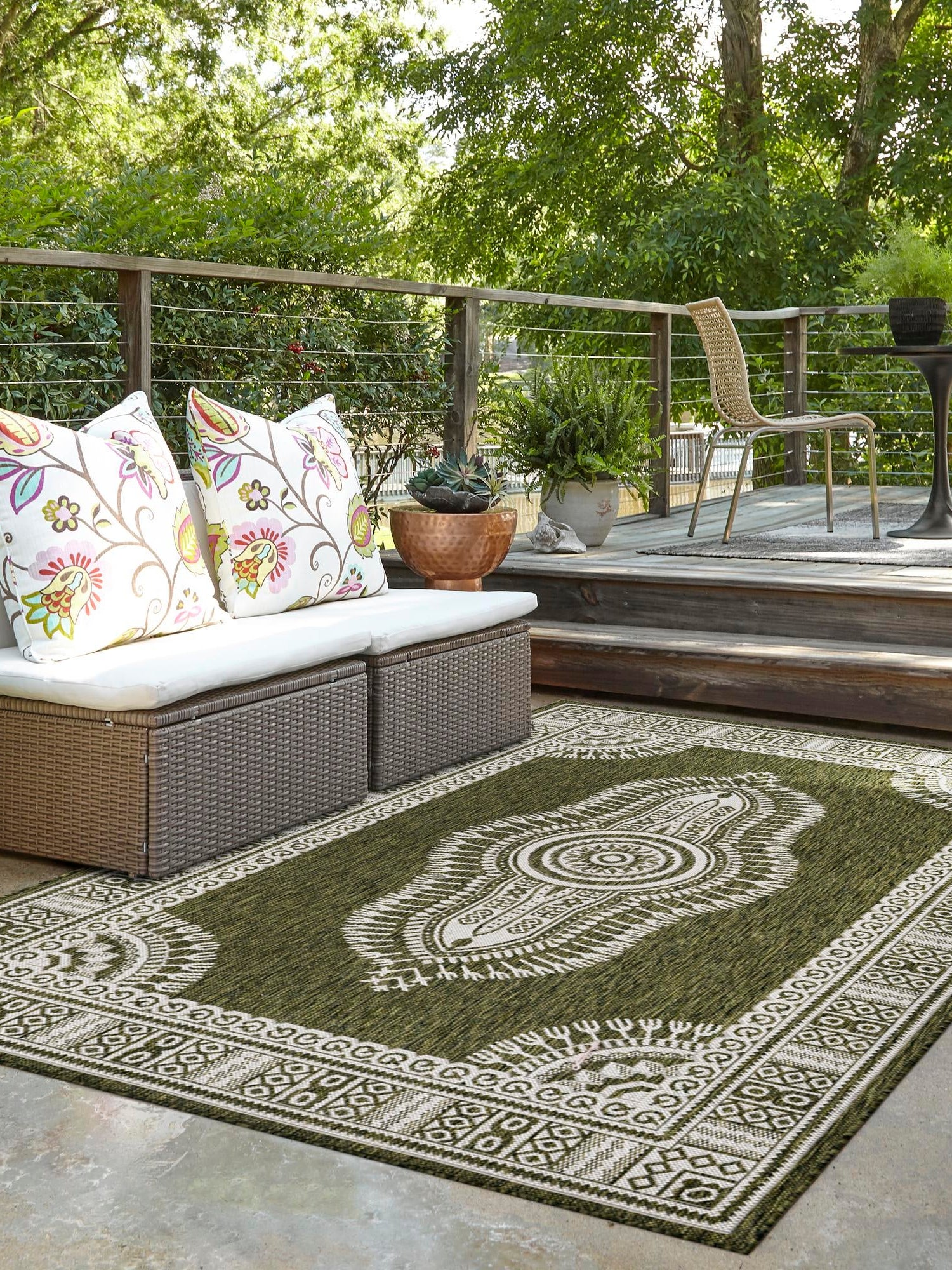 Green 5' 3 x 7' 1 Outdoor Traditional Rectangle Area Rug Weather Resistant for Patio, Deck, Terrace, Balcony, Porch Classical Design Outside Carpet for Sale at Rug Engine