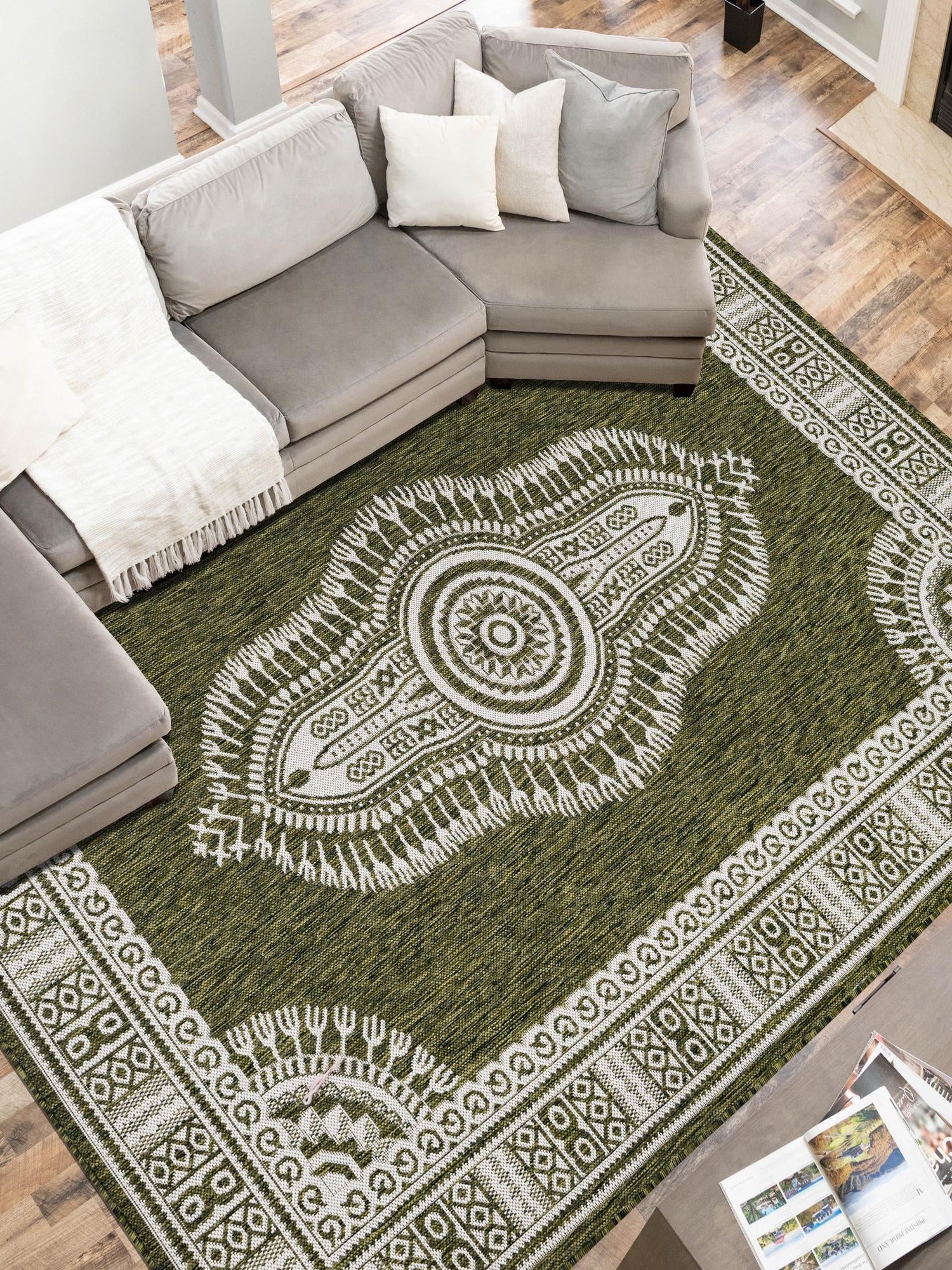 Green 5' 3 x 8' Outdoor Traditional Rectangle Area Rug Weather Resistant for Patio, Deck, Terrace, Balcony, Porch Classical Design Outside Carpet for Sale at Rug Engine
