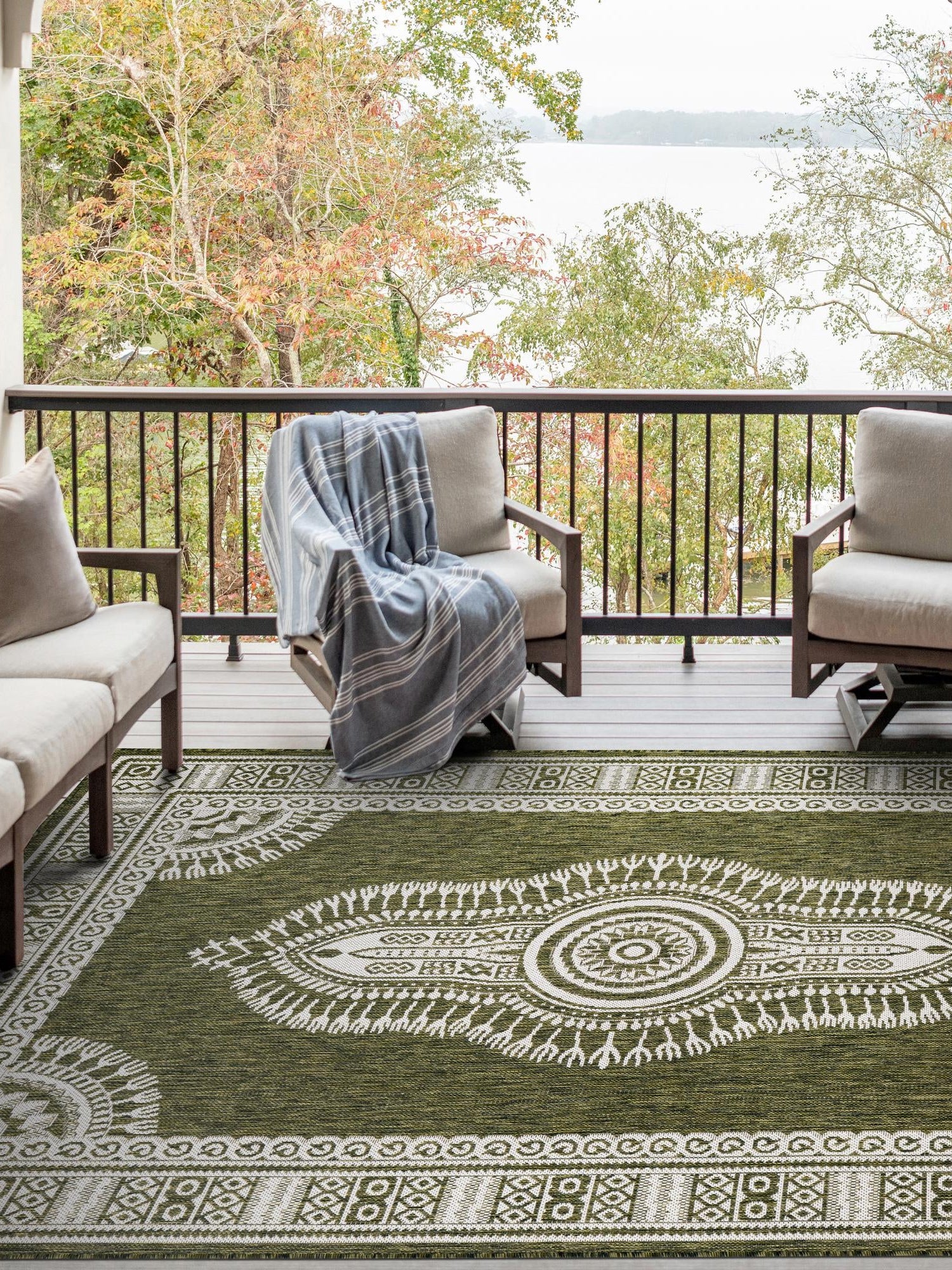Green 5' 3 x 7' 1 Outdoor Traditional Rectangle Area Rug Weather Resistant for Patio, Deck, Terrace, Balcony, Porch Classical Design Outside Carpet for Sale at Rug Engine