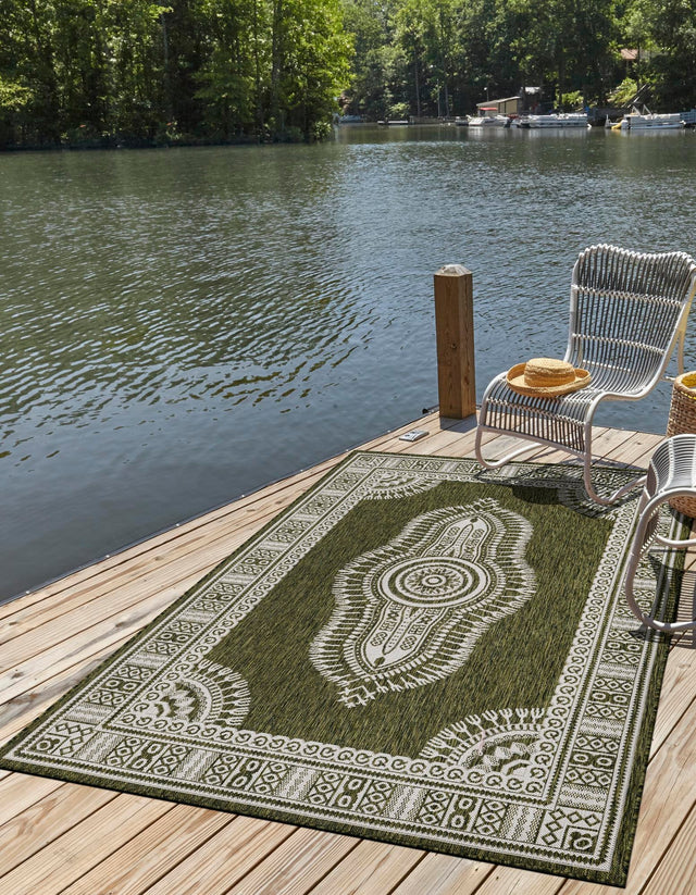 Green 5' 3 x 7' 1 Outdoor Traditional Rectangle Area Rug Weather Resistant for Patio, Deck, Terrace, Balcony, Porch Classical Design Outside Carpet for Sale at Rug Engine