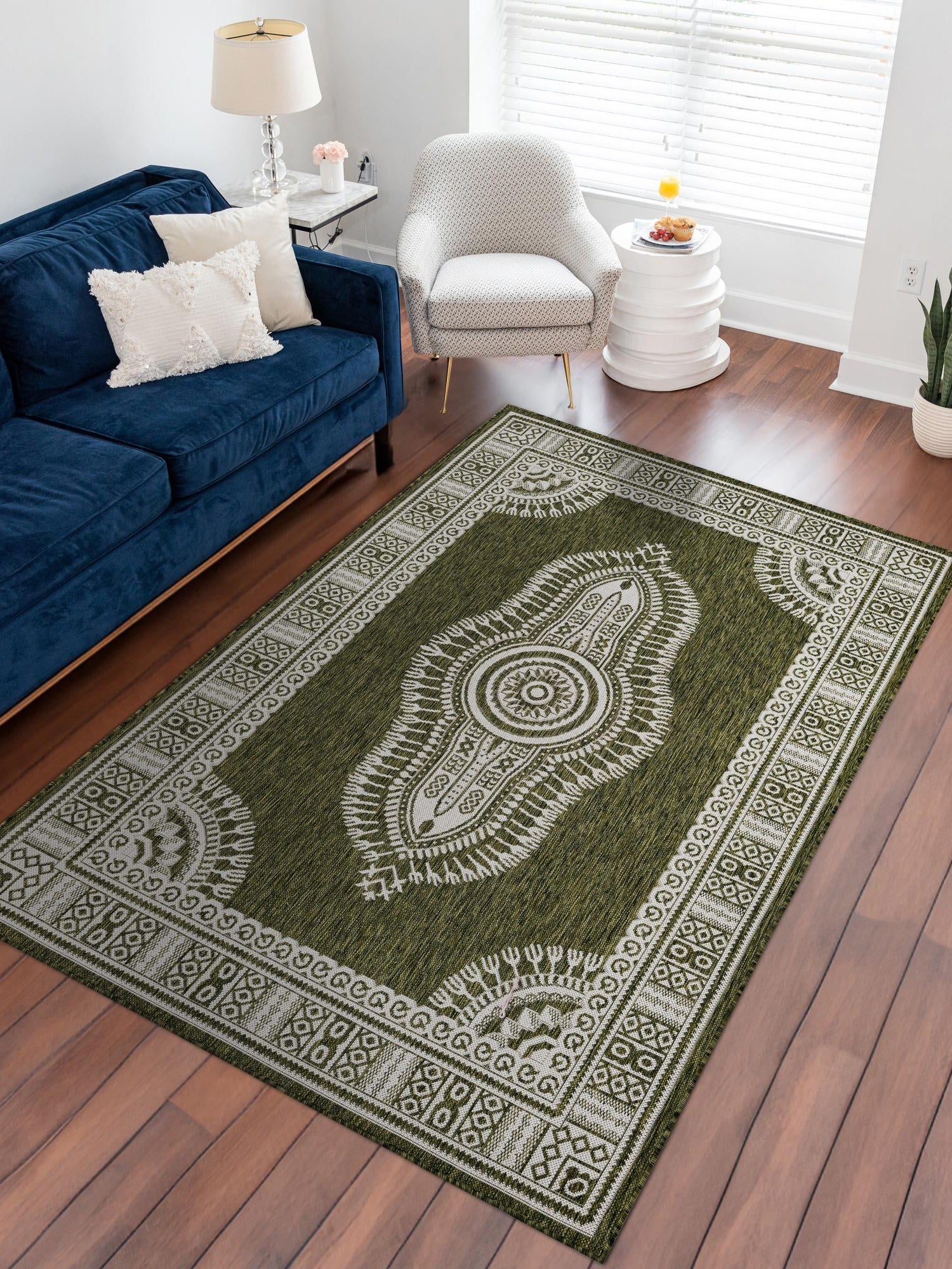Green 5' 3 x 8' Outdoor Traditional Rectangle Area Rug Weather Resistant for Patio, Deck, Terrace, Balcony, Porch Classical Design Outside Carpet for Sale at Rug Engine