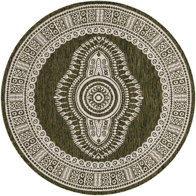 Green 6' 1 x 6' 1 Outdoor Traditional Round Area Rug Weather Resistant for Patio, Deck, Terrace, Balcony, Porch Classical Design Outside Carpet for Sale at Rug Engine