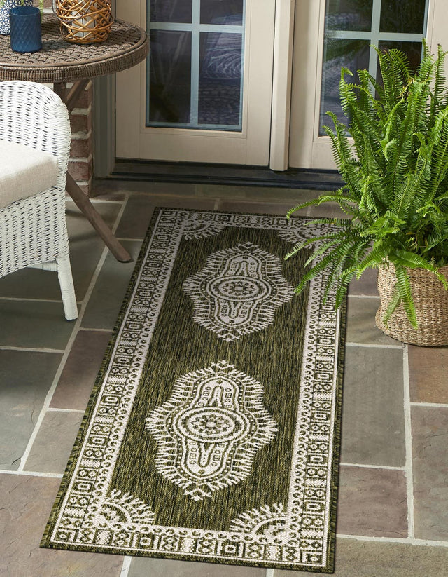 Green 2' x 8' Outdoor Traditional Runner Area Rug Weather Resistant for Patio, Deck, Terrace, Balcony, Porch Classical Design Outside Carpet for Sale at Rug Engine