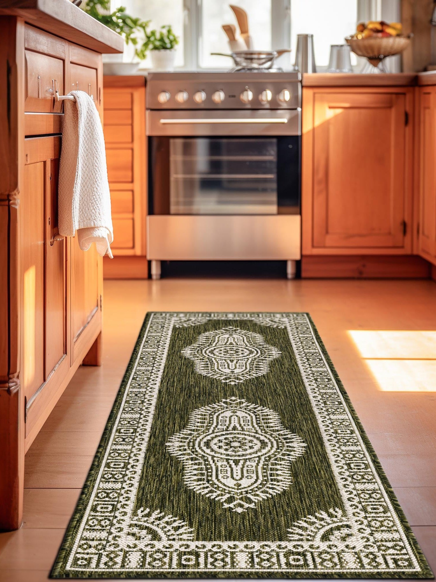 Green 2' x 4' 1 Outdoor Traditional Runner Area Rug Weather Resistant for Patio, Deck, Terrace, Balcony, Porch Classical Design Outside Carpet for Sale at Rug Engine