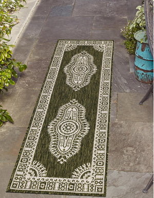 Green 2' x 6' 1 Outdoor Traditional Runner Area Rug Weather Resistant for Patio, Deck, Terrace, Balcony, Porch Classical Design Outside Carpet for Sale at Rug Engine