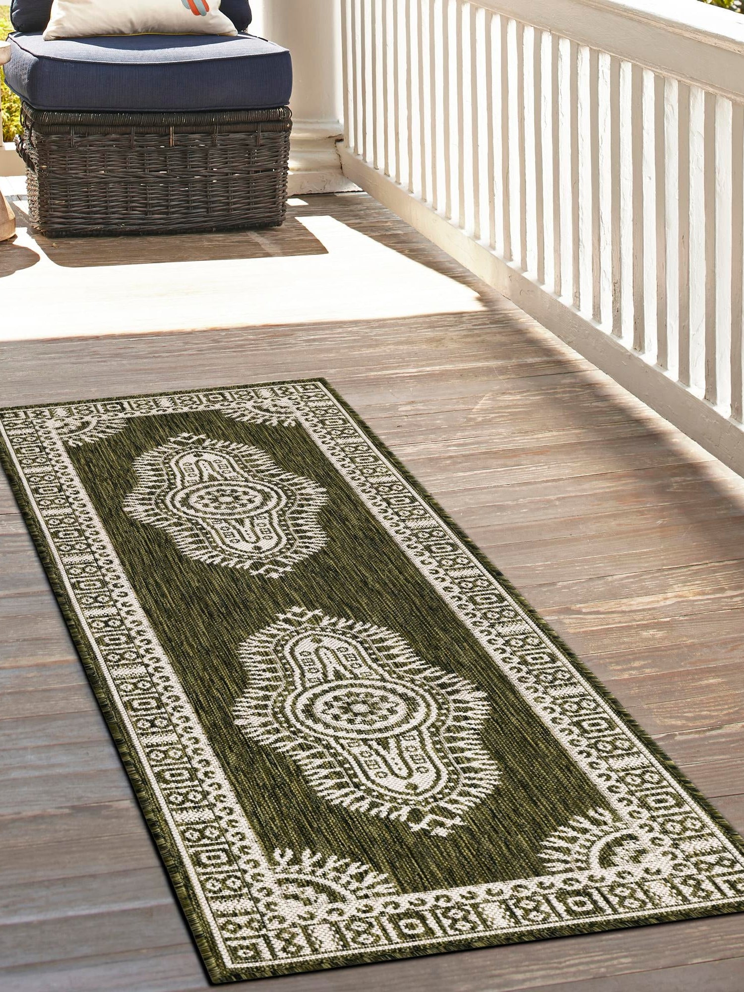 Green 2' x 6' 1 Outdoor Traditional Runner Area Rug Weather Resistant for Patio, Deck, Terrace, Balcony, Porch Classical Design Outside Carpet for Sale at Rug Engine