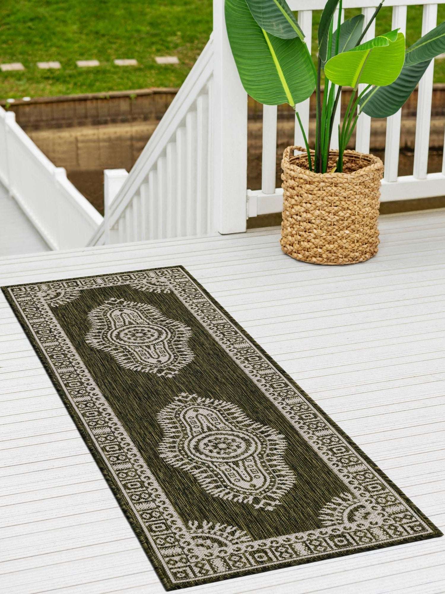 Green 2' x 4' 1 Outdoor Traditional Runner Area Rug Weather Resistant for Patio, Deck, Terrace, Balcony, Porch Classical Design Outside Carpet for Sale at Rug Engine