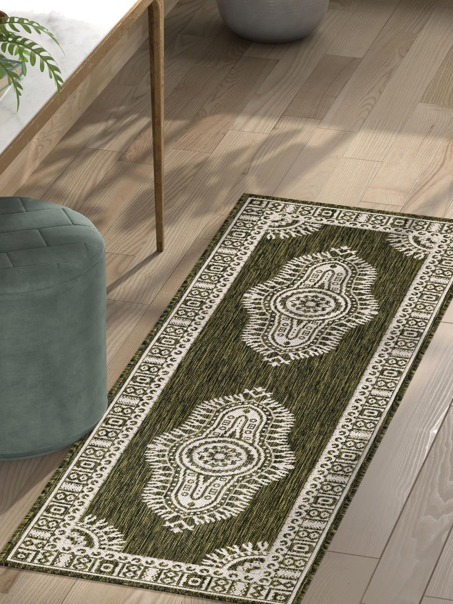 Green 2' x 6' 1 Outdoor Traditional Runner Area Rug Weather Resistant for Patio, Deck, Terrace, Balcony, Porch Classical Design Outside Carpet for Sale at Rug Engine