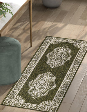Green 2' x 6' 1 Outdoor Traditional Runner Area Rug Weather Resistant for Patio, Deck, Terrace, Balcony, Porch Classical Design Outside Carpet for Sale at Rug Engine