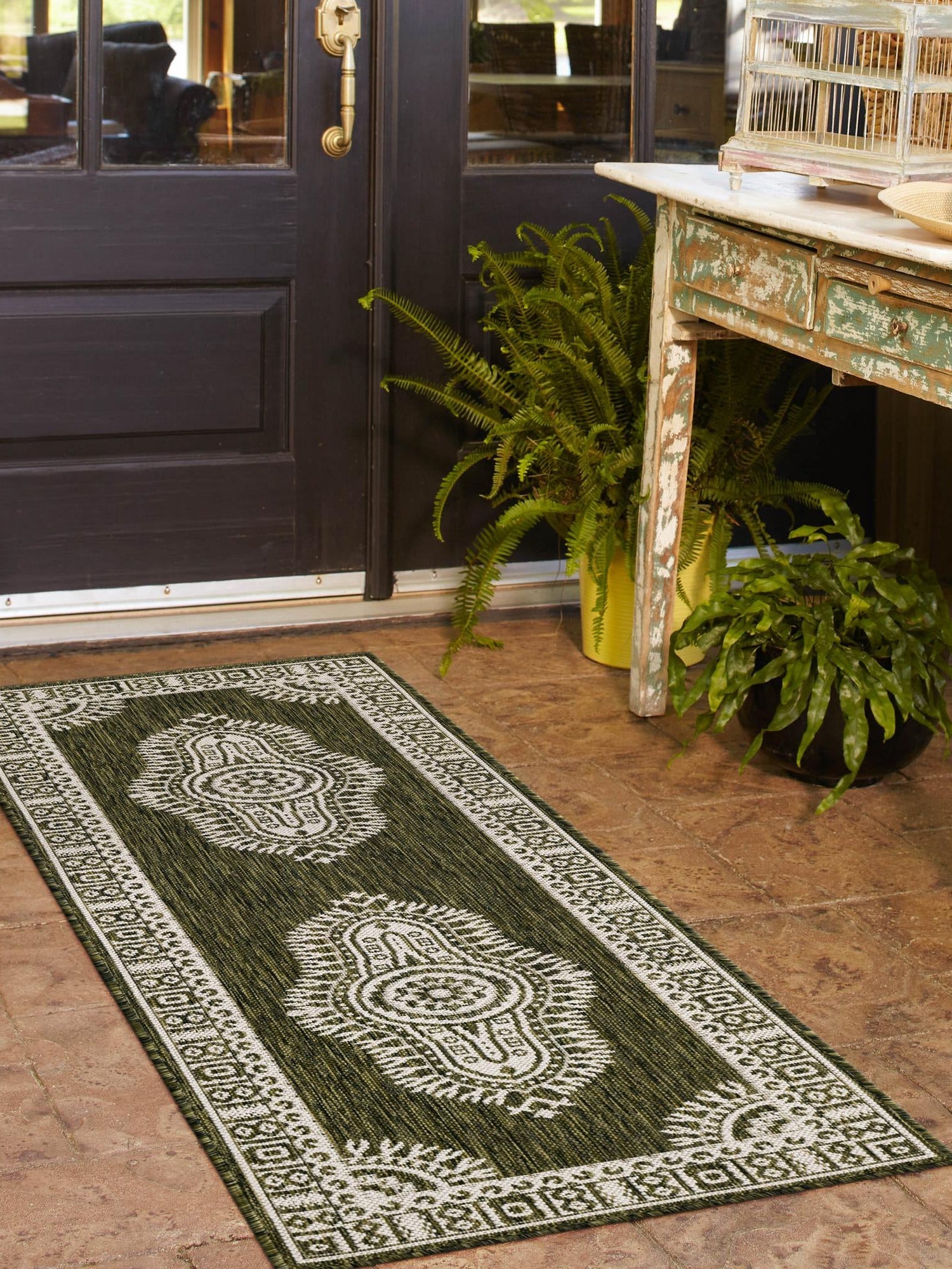 Green 2' x 6' 1 Outdoor Traditional Runner Area Rug Weather Resistant for Patio, Deck, Terrace, Balcony, Porch Classical Design Outside Carpet for Sale at Rug Engine