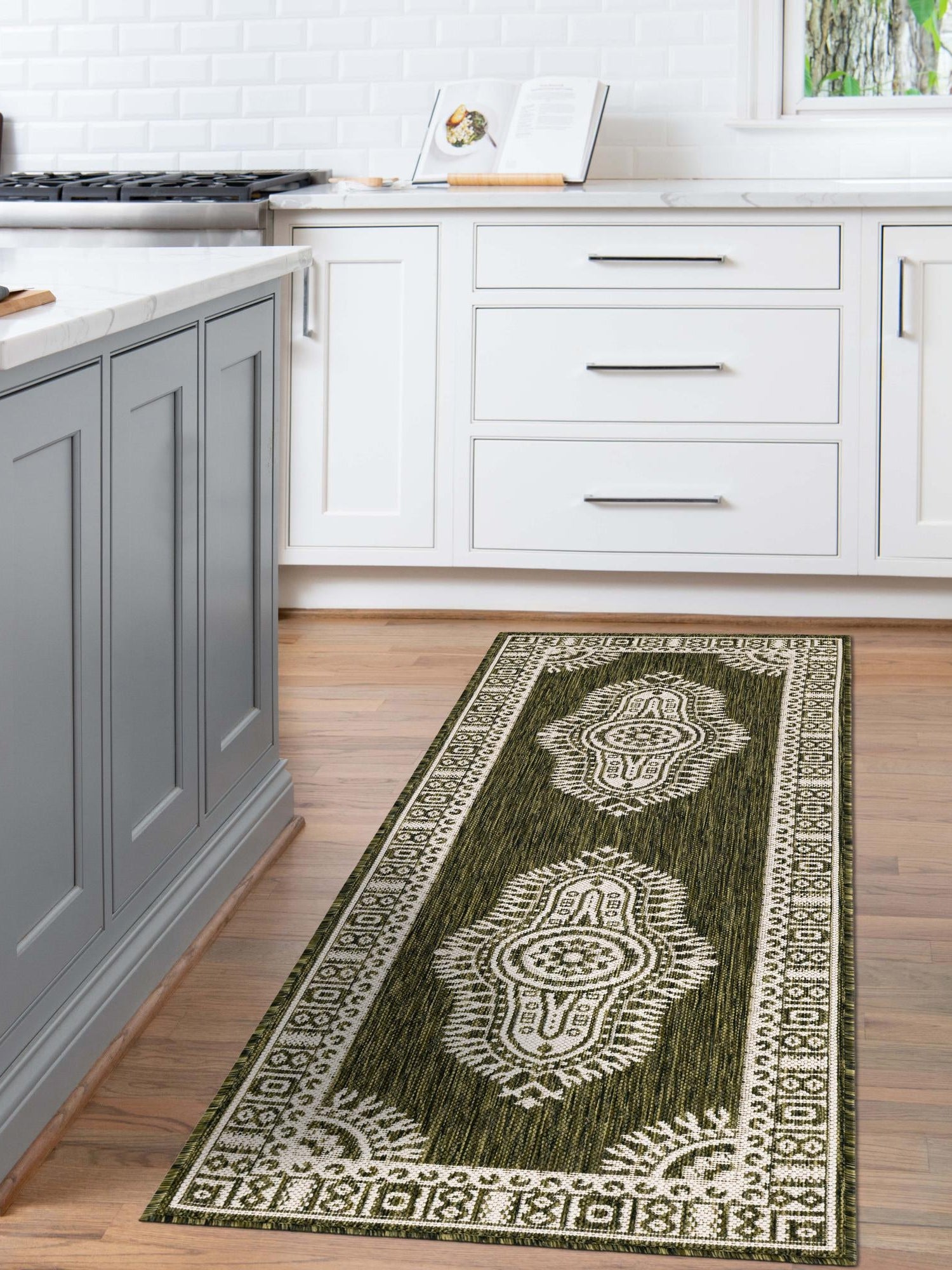 Green 2' x 6' 1 Outdoor Traditional Runner Area Rug Weather Resistant for Patio, Deck, Terrace, Balcony, Porch Classical Design Outside Carpet for Sale at Rug Engine