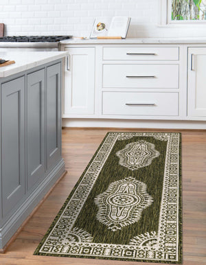 Green 2' x 6' 1 Outdoor Traditional Runner Area Rug Weather Resistant for Patio, Deck, Terrace, Balcony, Porch Classical Design Outside Carpet for Sale at Rug Engine