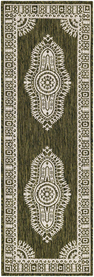 Green 2' x 6' 1 Outdoor Traditional Runner Area Rug Weather Resistant for Patio, Deck, Terrace, Balcony, Porch Classical Design Outside Carpet for Sale at Rug Engine