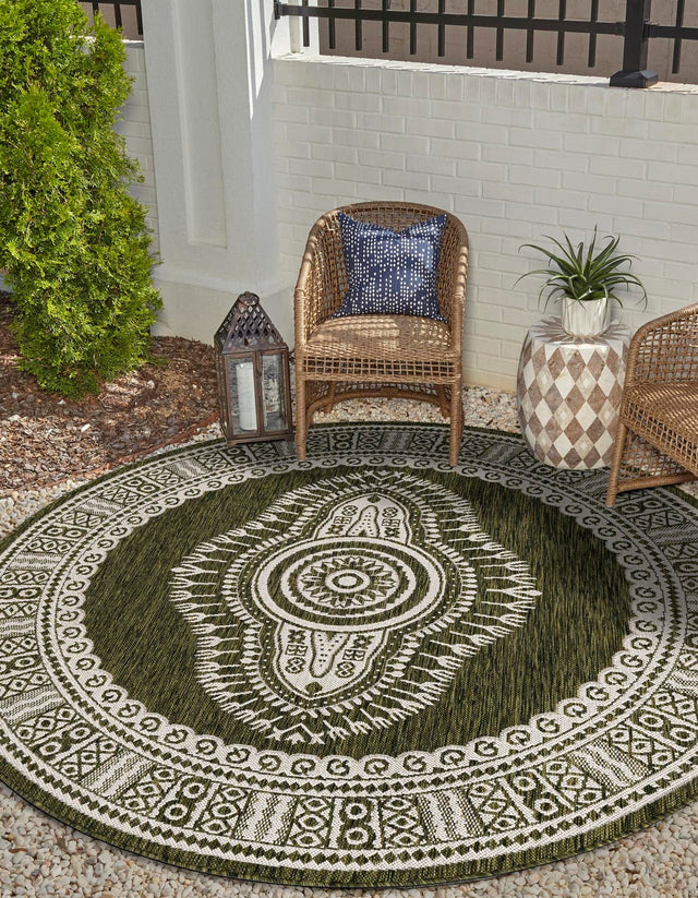 Green 6' 1 x 6' 1 Outdoor Traditional Round Area Rug Weather Resistant for Patio, Deck, Terrace, Balcony, Porch Classical Design Outside Carpet for Sale at Rug Engine