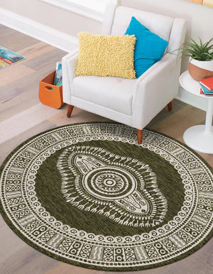 Green 3' 1 x 3' 1 Outdoor Traditional Round Area Rug Weather Resistant for Patio, Deck, Terrace, Balcony, Porch Classical Design Outside Carpet for Sale at Rug Engine