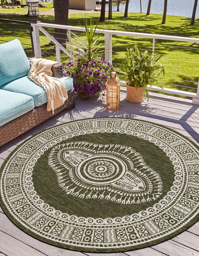 Green 6' 1 x 6' 1 Outdoor Traditional Round Area Rug Weather Resistant for Patio, Deck, Terrace, Balcony, Porch Classical Design Outside Carpet for Sale at Rug Engine