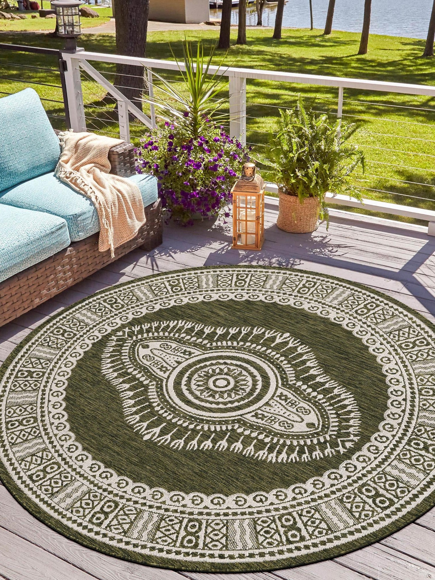Green 10' x 10' Outdoor Traditional Round Area Rug Weather Resistant for Patio, Deck, Terrace, Balcony, Porch Classical Design Outside Carpet for Sale at Rug Engine