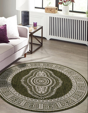 Green 7' 10 x 7' 10 Outdoor Traditional Round Area Rug Weather Resistant for Patio, Deck, Terrace, Balcony, Porch Classical Design Outside Carpet for Sale at Rug Engine