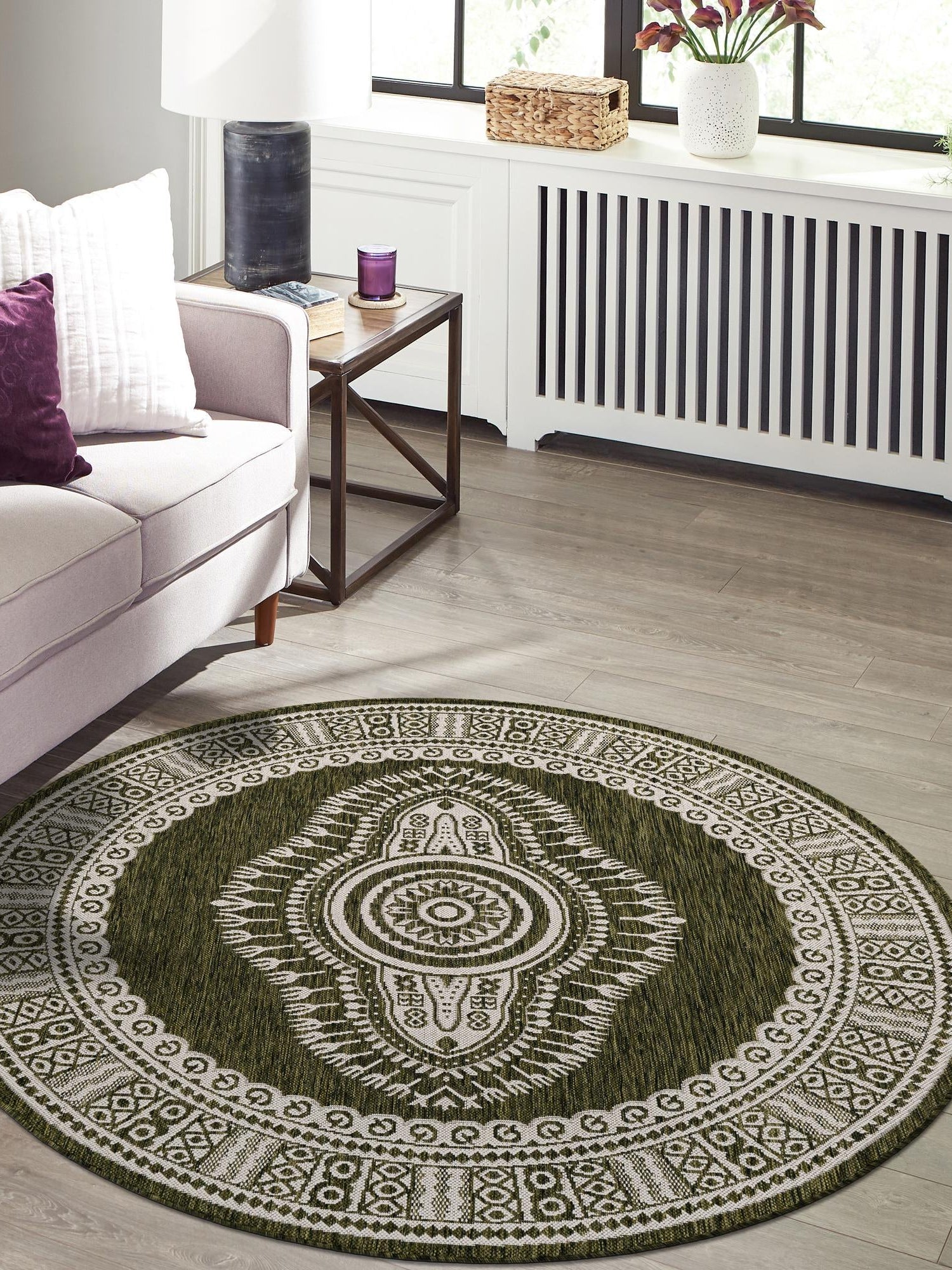 Green 12' x 12' Outdoor Traditional Round Area Rug Weather Resistant for Patio, Deck, Terrace, Balcony, Porch Classical Design Outside Carpet for Sale at Rug Engine