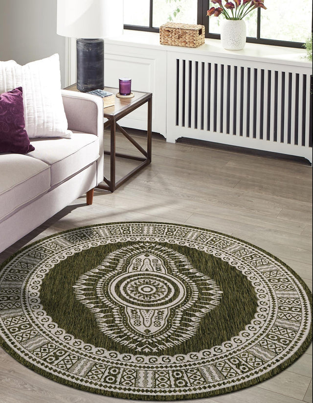 Green 10' x 10' Outdoor Traditional Round Area Rug Weather Resistant for Patio, Deck, Terrace, Balcony, Porch Classical Design Outside Carpet for Sale at Rug Engine