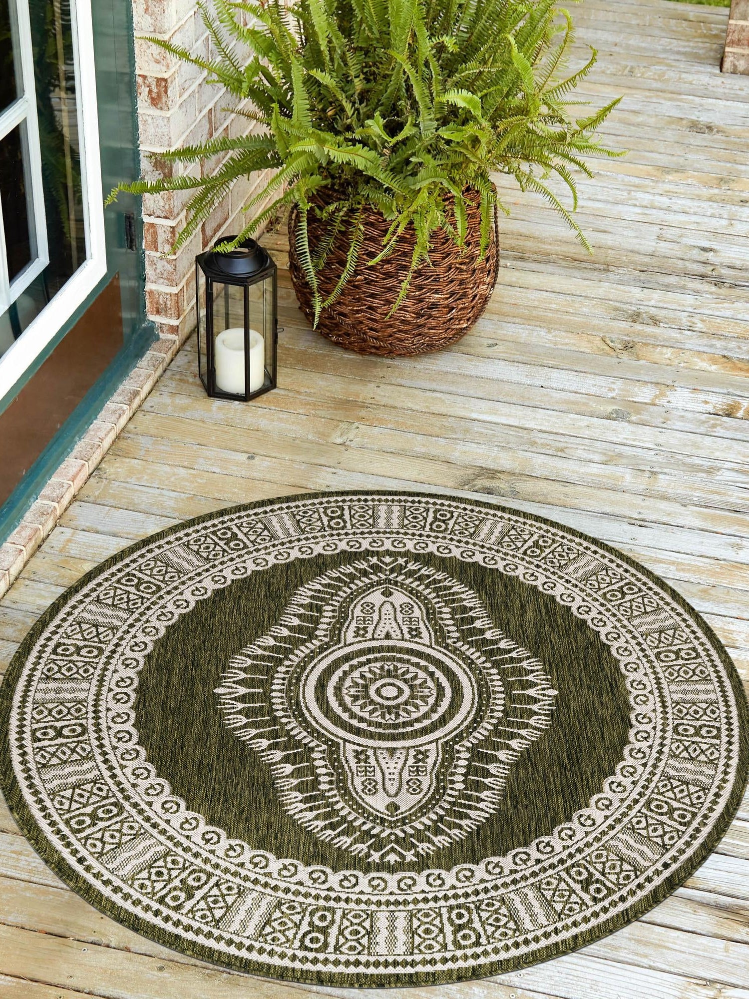 Green 6' 1 x 6' 1 Outdoor Traditional Round Area Rug Weather Resistant for Patio, Deck, Terrace, Balcony, Porch Classical Design Outside Carpet for Sale at Rug Engine