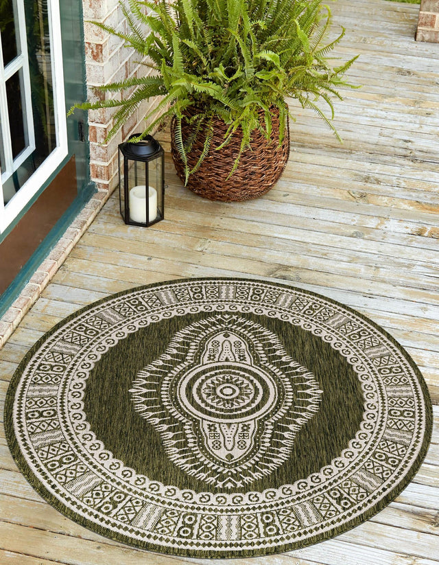 Green 3' 1 x 3' 1 Outdoor Traditional Round Area Rug Weather Resistant for Patio, Deck, Terrace, Balcony, Porch Classical Design Outside Carpet for Sale at Rug Engine
