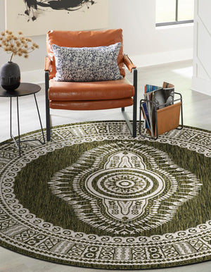 Green 10' x 10' Outdoor Traditional Round Area Rug Weather Resistant for Patio, Deck, Terrace, Balcony, Porch Classical Design Outside Carpet for Sale at Rug Engine
