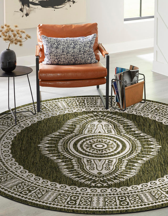 Green 6' 1 x 6' 1 Outdoor Traditional Round Area Rug Weather Resistant for Patio, Deck, Terrace, Balcony, Porch Classical Design Outside Carpet for Sale at Rug Engine