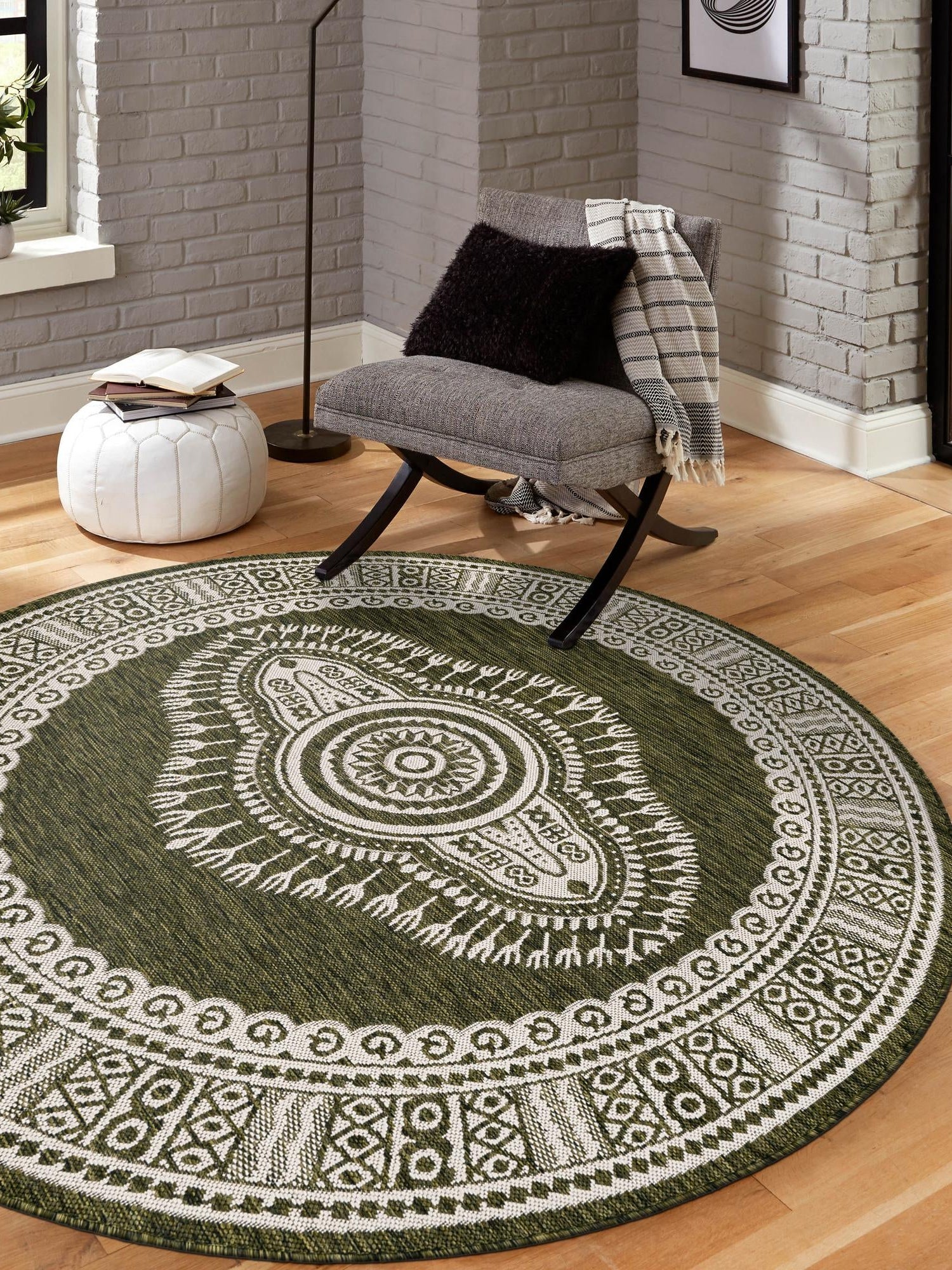 Green 6' 1 x 6' 1 Outdoor Traditional Round Area Rug Weather Resistant for Patio, Deck, Terrace, Balcony, Porch Classical Design Outside Carpet for Sale at Rug Engine