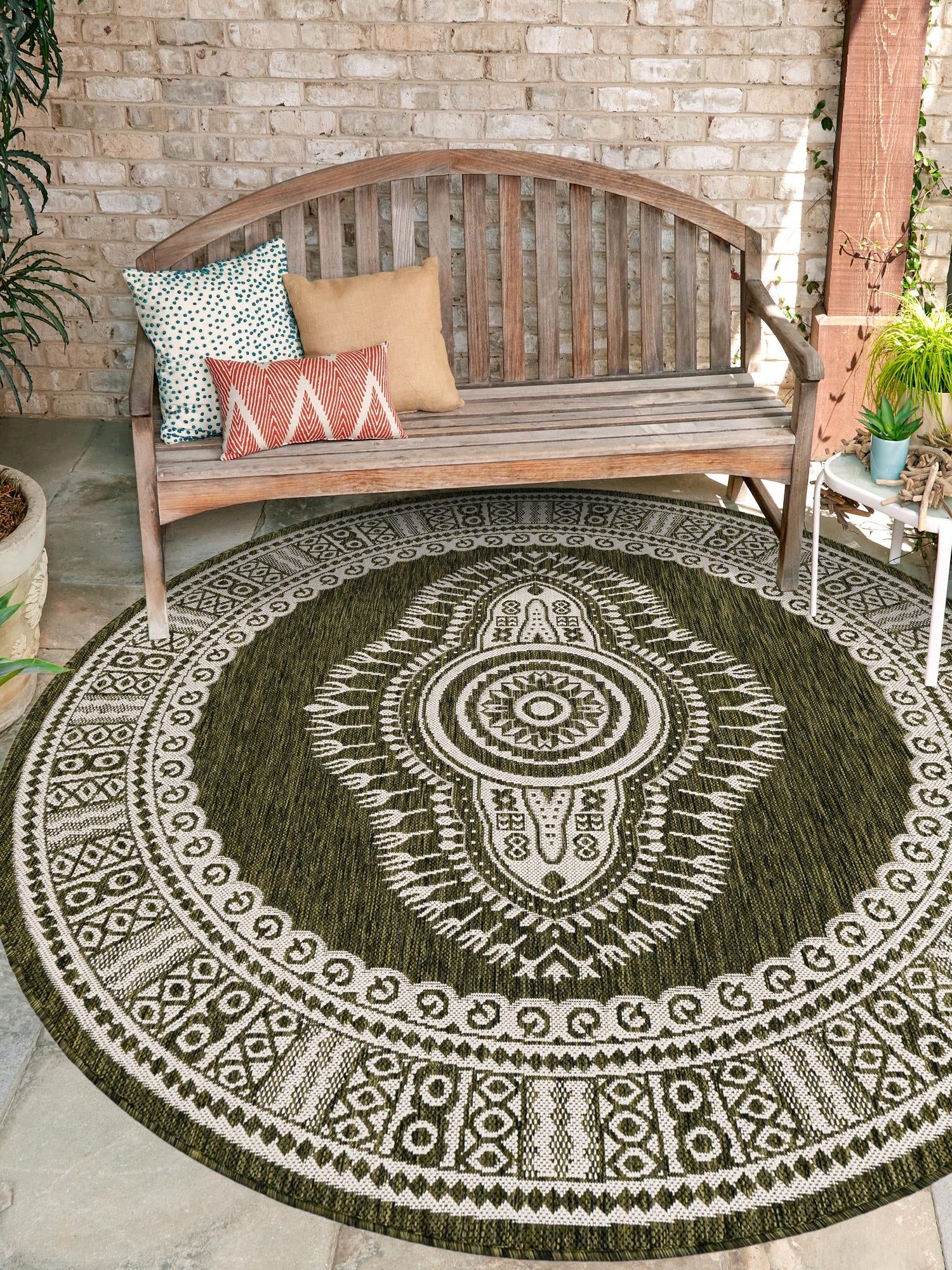 Green 6' 1 x 6' 1 Outdoor Traditional Round Area Rug Weather Resistant for Patio, Deck, Terrace, Balcony, Porch Classical Design Outside Carpet for Sale at Rug Engine