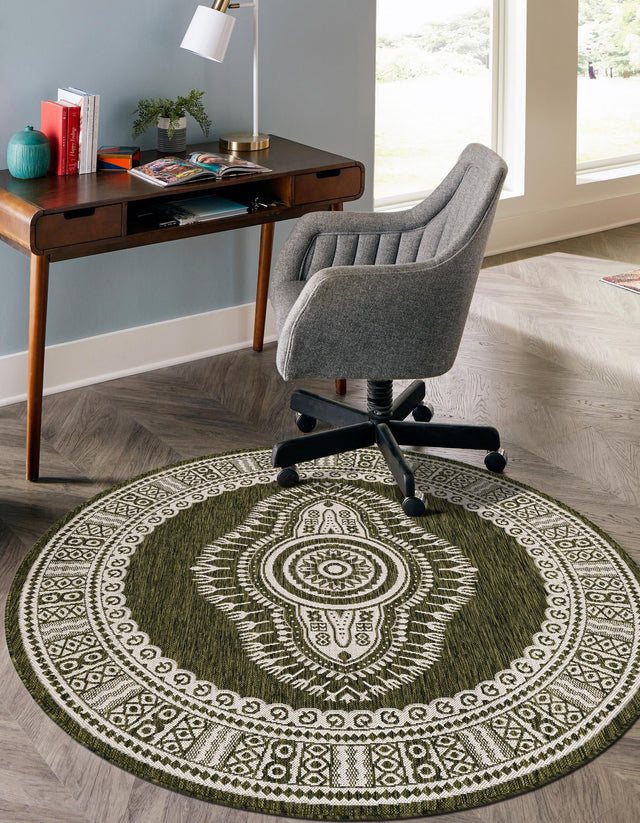 Green 7' 10 x 7' 10 Outdoor Traditional Round Area Rug Weather Resistant for Patio, Deck, Terrace, Balcony, Porch Classical Design Outside Carpet for Sale at Rug Engine