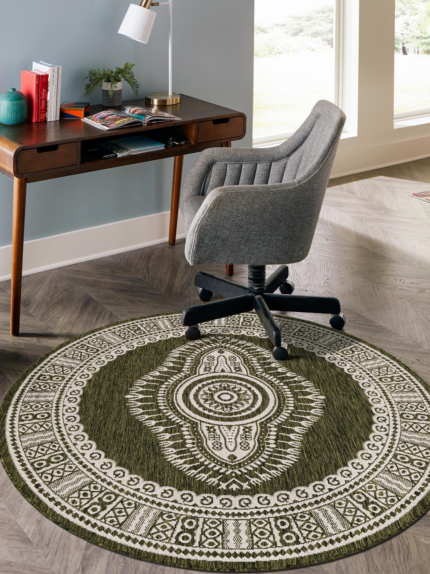 Green 6' 1 x 6' 1 Outdoor Traditional Round Area Rug Weather Resistant for Patio, Deck, Terrace, Balcony, Porch Classical Design Outside Carpet for Sale at Rug Engine