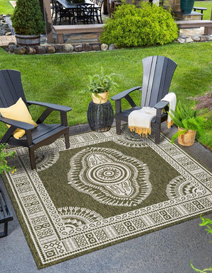 Green 10' x 10' Outdoor Traditional Square Area Rug Weather Resistant for Patio, Deck, Terrace, Balcony, Porch Classical Design Outside Carpet for Sale at Rug Engine
