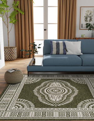 Green 10' x 10' Outdoor Traditional Square Area Rug Weather Resistant for Patio, Deck, Terrace, Balcony, Porch Classical Design Outside Carpet for Sale at Rug Engine