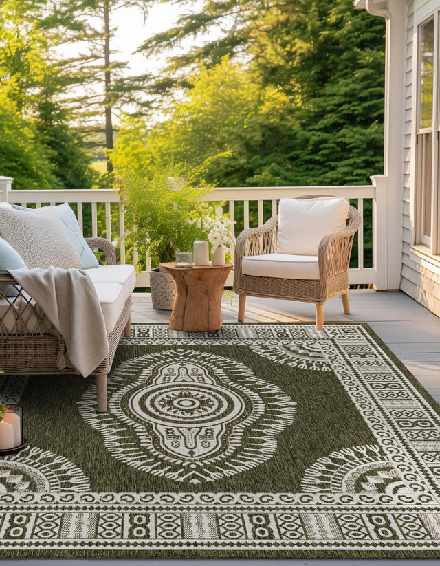 Green 10' x 10' Outdoor Traditional Square Area Rug Weather Resistant for Patio, Deck, Terrace, Balcony, Porch Classical Design Outside Carpet for Sale at Rug Engine