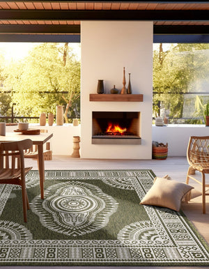 Green 10' x 10' Outdoor Traditional Square Area Rug Weather Resistant for Patio, Deck, Terrace, Balcony, Porch Classical Design Outside Carpet for Sale at Rug Engine