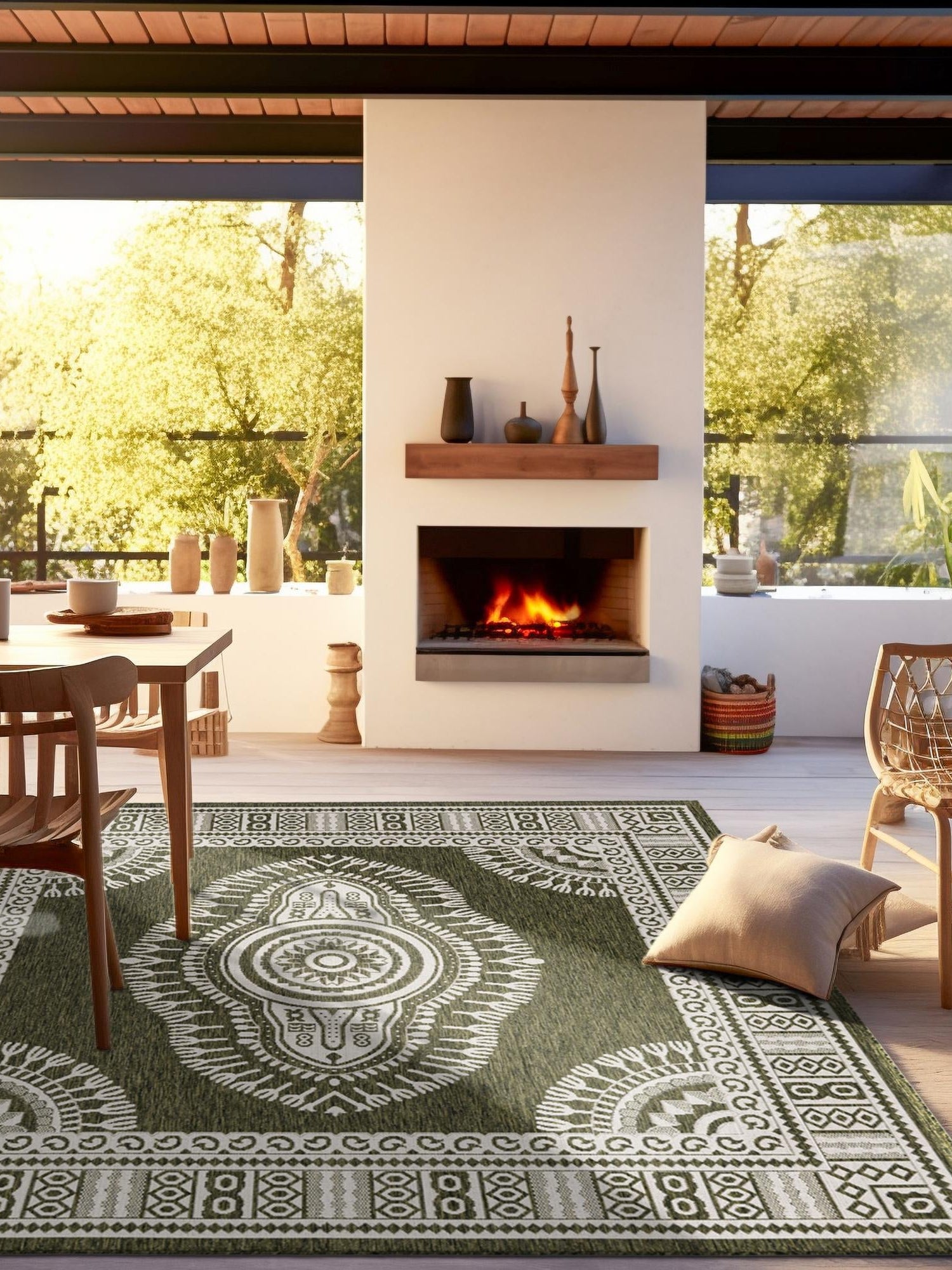 Green 12' x 12' Outdoor Traditional Square Area Rug Weather Resistant for Patio, Deck, Terrace, Balcony, Porch Classical Design Outside Carpet for Sale at Rug Engine