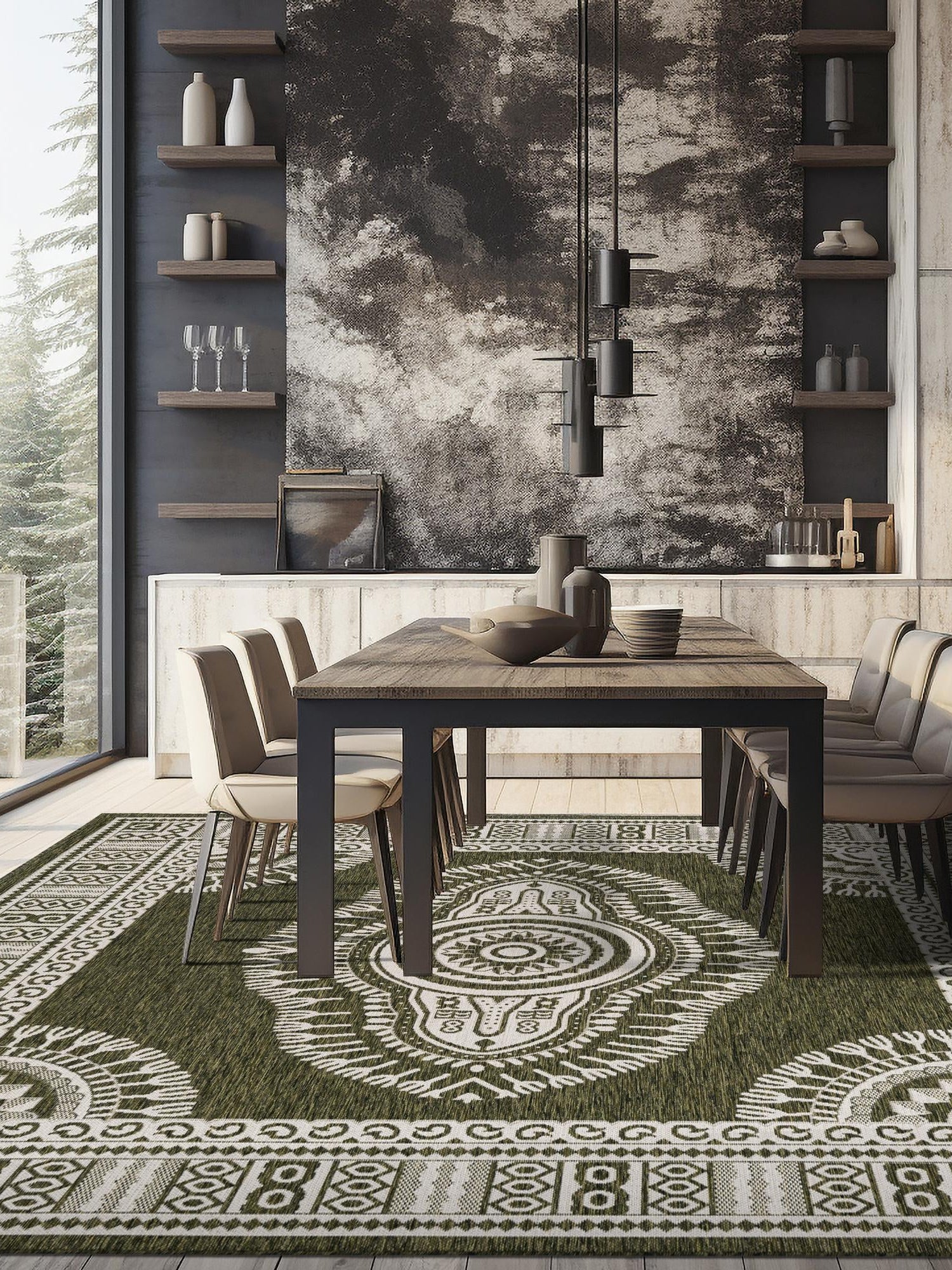 Green 12' x 12' Outdoor Traditional Square Area Rug Weather Resistant for Patio, Deck, Terrace, Balcony, Porch Classical Design Outside Carpet for Sale at Rug Engine