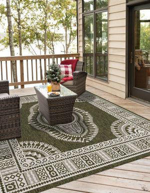 Green 10' x 10' Outdoor Traditional Square Area Rug Weather Resistant for Patio, Deck, Terrace, Balcony, Porch Classical Design Outside Carpet for Sale at Rug Engine