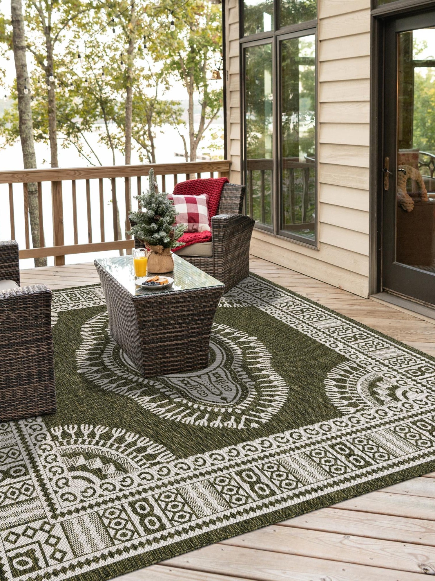 Green 12' x 12' Outdoor Traditional Square Area Rug Weather Resistant for Patio, Deck, Terrace, Balcony, Porch Classical Design Outside Carpet for Sale at Rug Engine