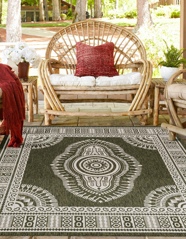 Green 10' x 10' Outdoor Traditional Square Area Rug Weather Resistant for Patio, Deck, Terrace, Balcony, Porch Classical Design Outside Carpet for Sale at Rug Engine