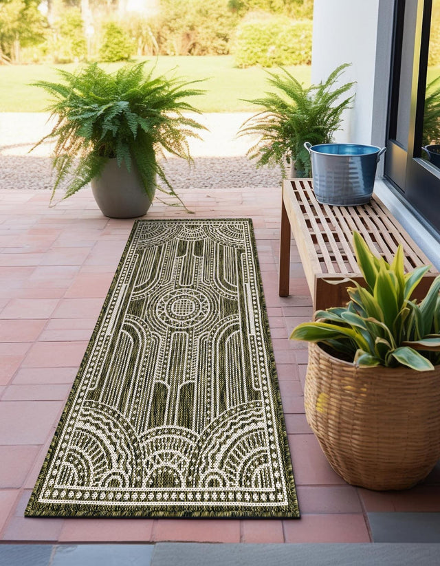 Green 2' x 8' Outdoor Traditional Runner Area Rug Weather Resistant for Patio, Deck, Terrace, Balcony, Porch Classical Design Outside Carpet for Sale at Rug Engine