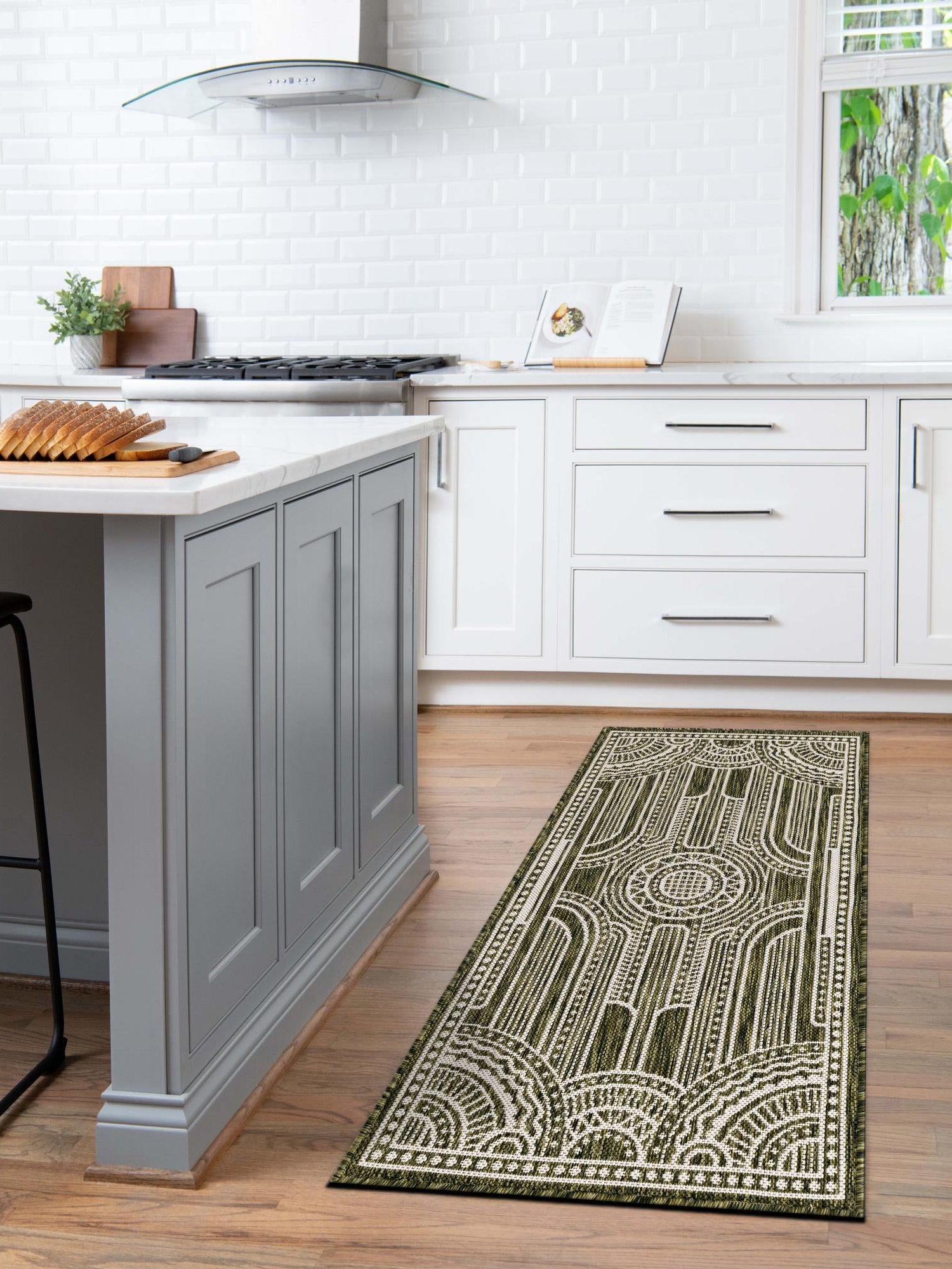 Green 2' 7 x 12' Outdoor Traditional Runner Area Rug Weather Resistant for Patio, Deck, Terrace, Balcony, Porch Classical Design Outside Carpet for Sale at Rug Engine