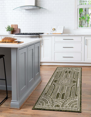 Green 2' 7 x 12' Outdoor Traditional Runner Area Rug Weather Resistant for Patio, Deck, Terrace, Balcony, Porch Classical Design Outside Carpet for Sale at Rug Engine