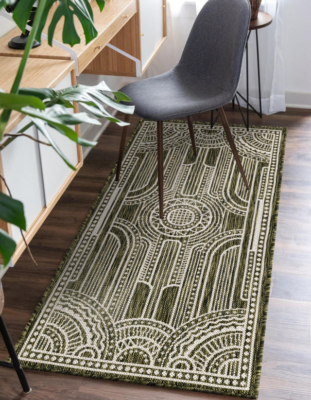 Green 2' 7 x 12' Outdoor Traditional Runner Area Rug Weather Resistant for Patio, Deck, Terrace, Balcony, Porch Classical Design Outside Carpet for Sale at Rug Engine