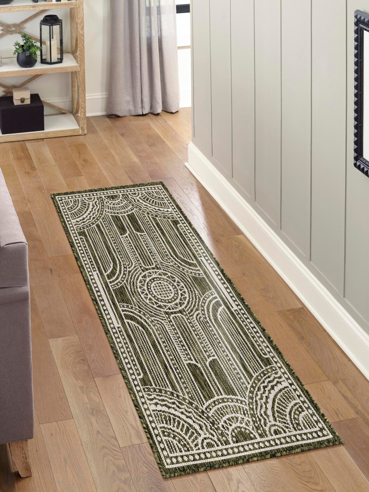 Green 2' x 6' 1 Outdoor Traditional Runner Area Rug Weather Resistant for Patio, Deck, Terrace, Balcony, Porch Classical Design Outside Carpet for Sale at Rug Engine