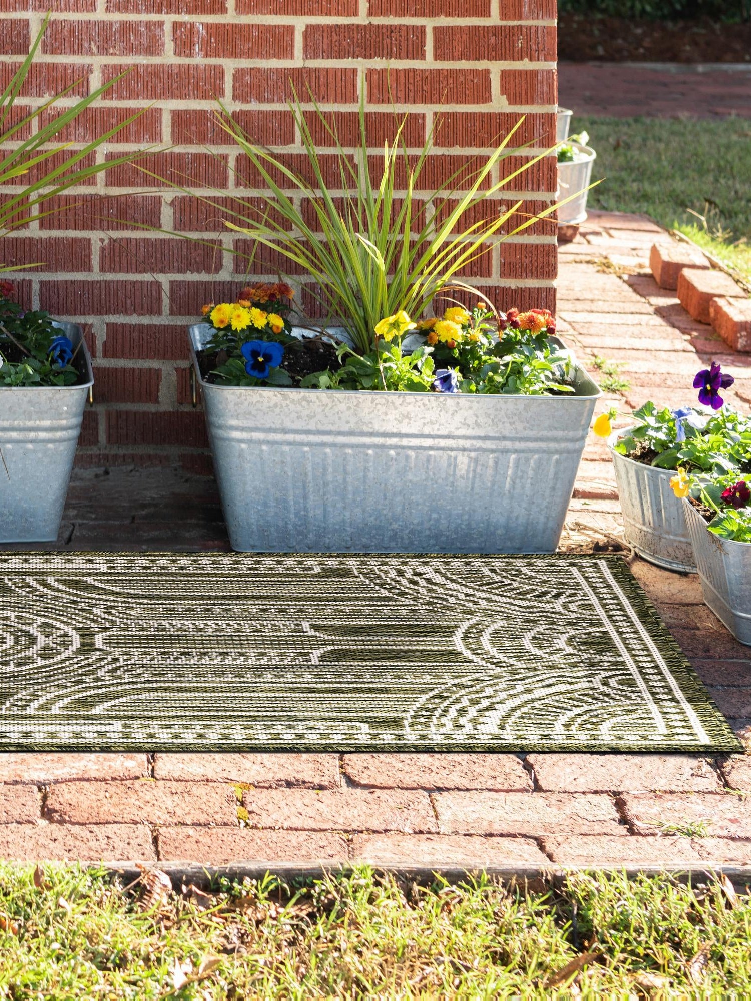 Green 2' 7 x 12' Outdoor Traditional Runner Area Rug Weather Resistant for Patio, Deck, Terrace, Balcony, Porch Classical Design Outside Carpet for Sale at Rug Engine