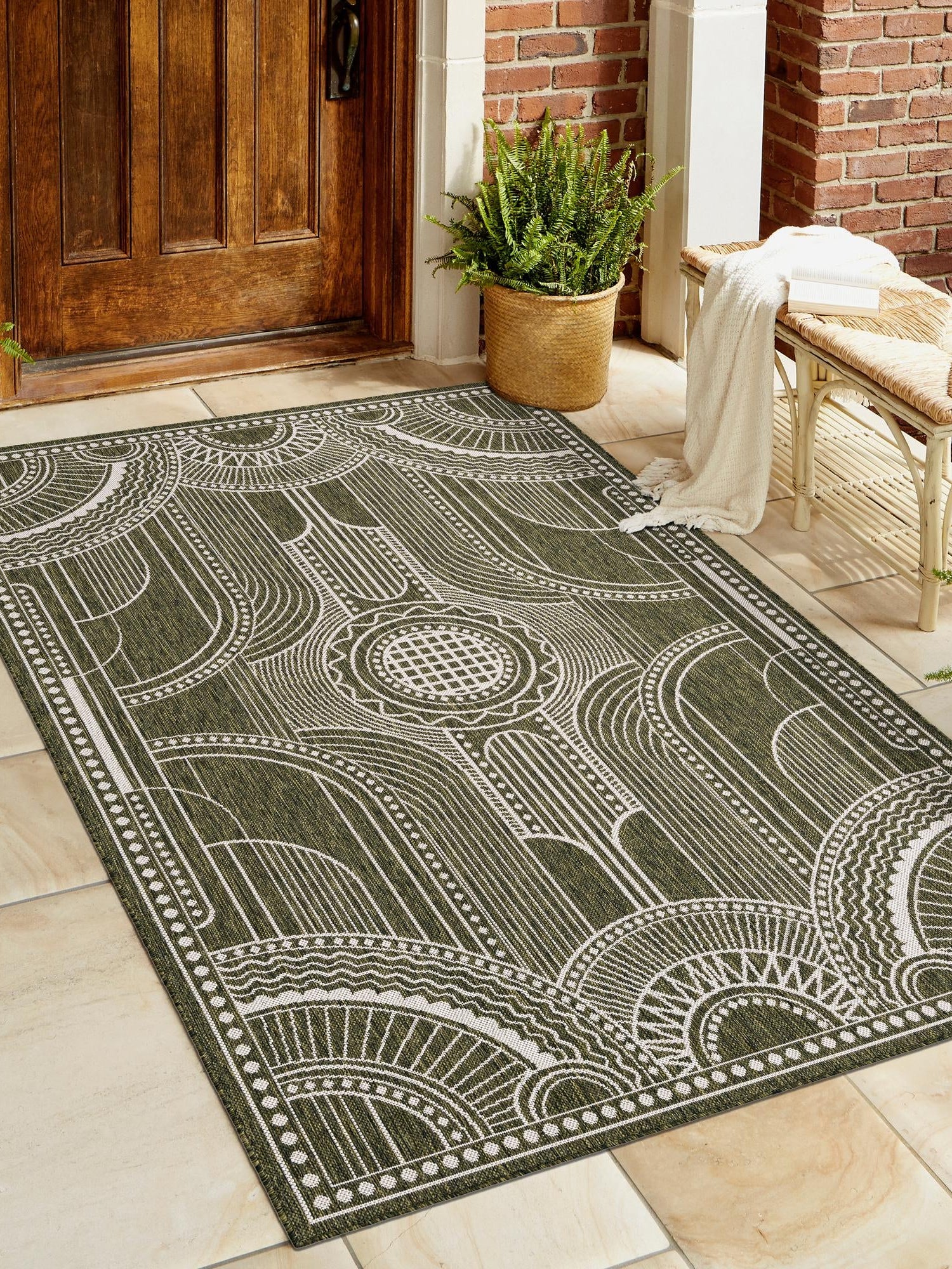 Green 10' x 14' 1 Outdoor Traditional Rectangle Area Rug Weather Resistant for Patio, Deck, Terrace, Balcony, Porch Classical Design Outside Carpet for Sale at Rug Engine